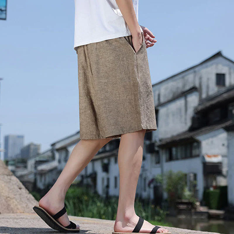Buddha Stones Weaving Waist Rope Beads Cropped Linen Men's Shorts With Pockets