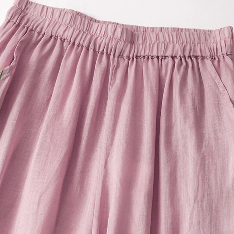 Buddha Stones Summer Embroidery Double Layer Cotton Linen Women's Wide Leg Pants With Pockets