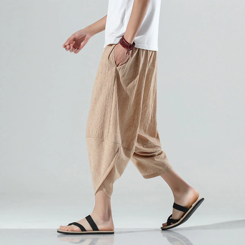 Buddha Stones Plain Simple Design Drawstring 7-8 Length Linen Men's Harem Pants With Pockets