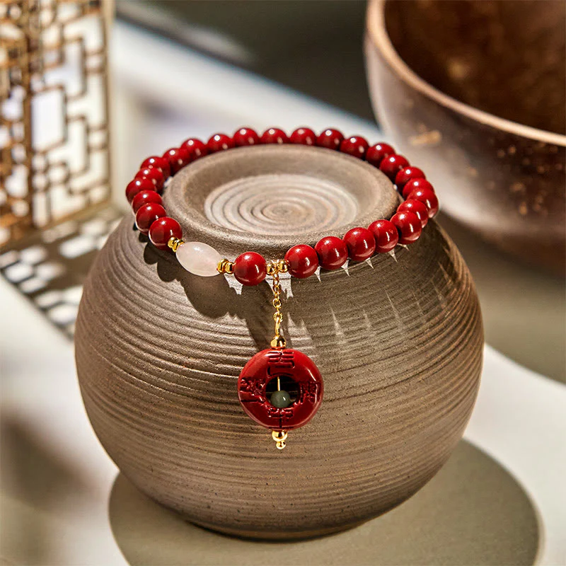 Buddha Stones Natural Cinnabar Peace Buckle Charm Blessing Bracelet