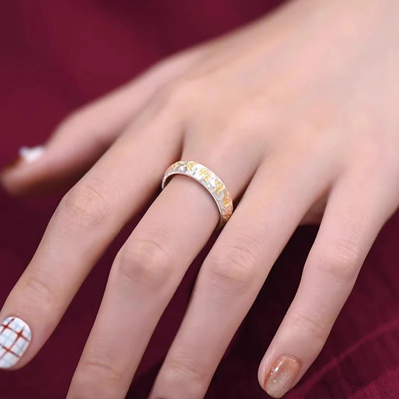 Buddha Stones Hammer Pattern Om Mani Padme Hum Copper Plated Silver Wealth Ring