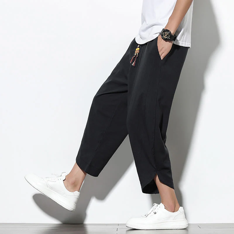 Buddha Stones Casual Summer Drawstring 7-8 Length Linen Men's Harem Pants With Pockets