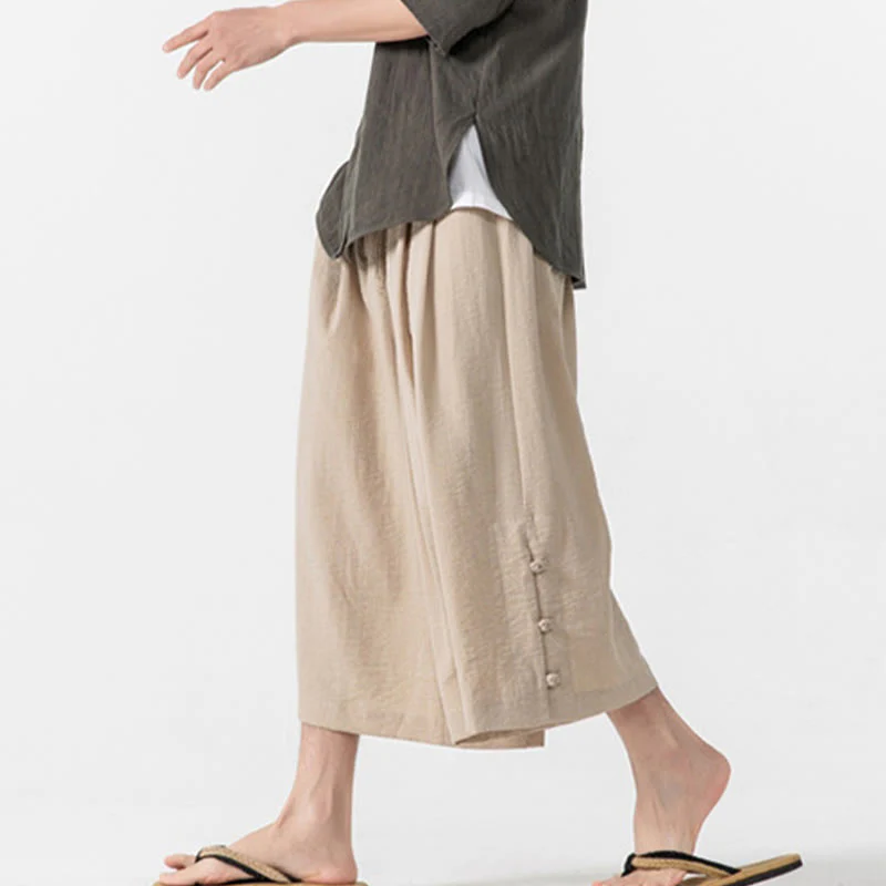 Buddha Stones Casual Loose Frog-Button Plain Men's Cotton 7-8 Length Wide Leg Pants With Pockets