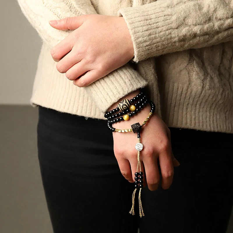 Buddha Stones Tibetan 108 Mala Beads Black Onyx Three-eyed Dzi Beads Protection Bracelet