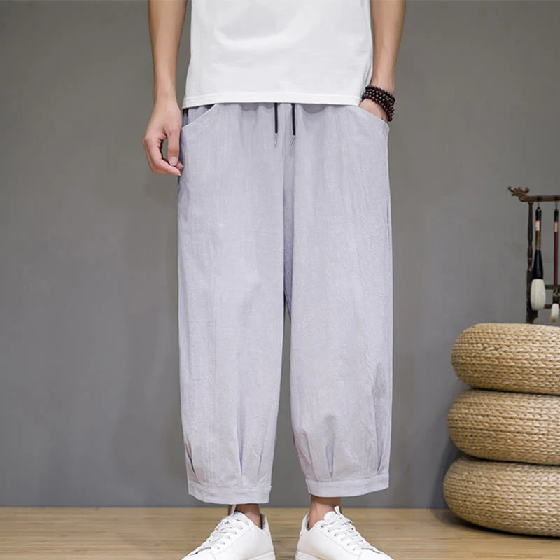 Buddha Stones Simple Cotton Men's Cropped Capri Harem Pants With Pockets