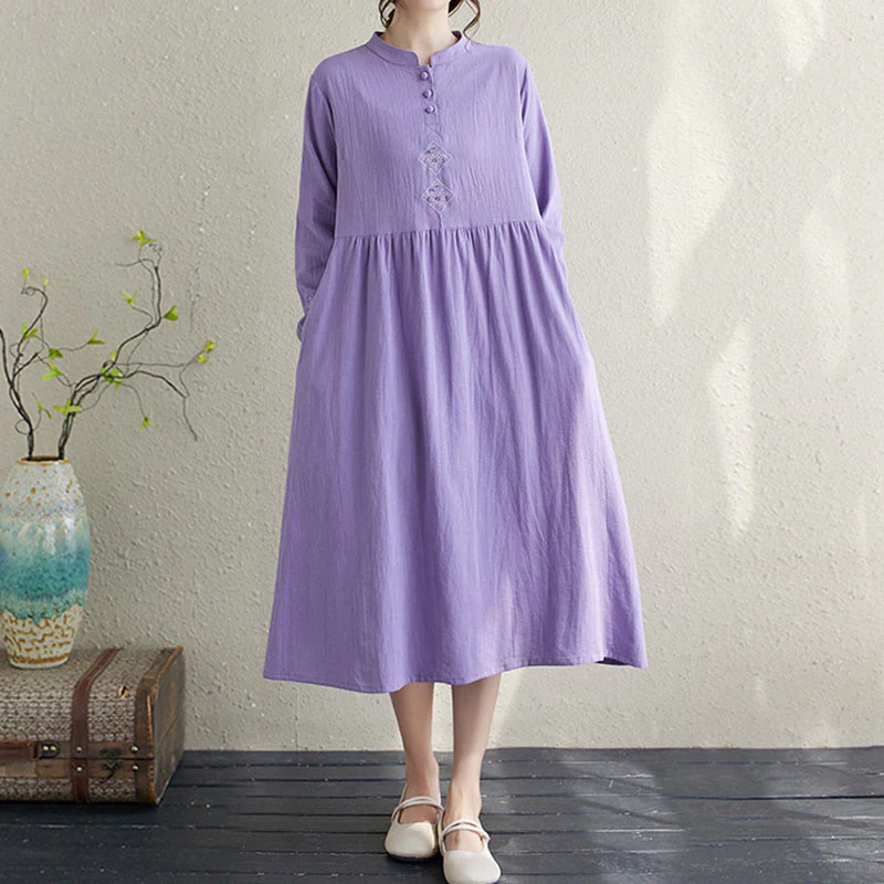 Buddha Stones Fall Ethnic Embroidery Cotton Linen Midi Dress With Pockets
