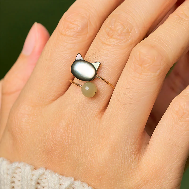 Buddha Stones Black Tridacna Stone Cat Jade Blessing Adjustable Ring