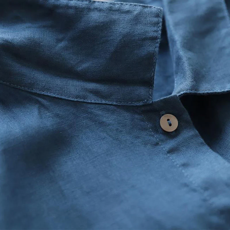 Buddha Stones Casual Plain Lace-up Stand Collar Linen Midi Dress With Pockets