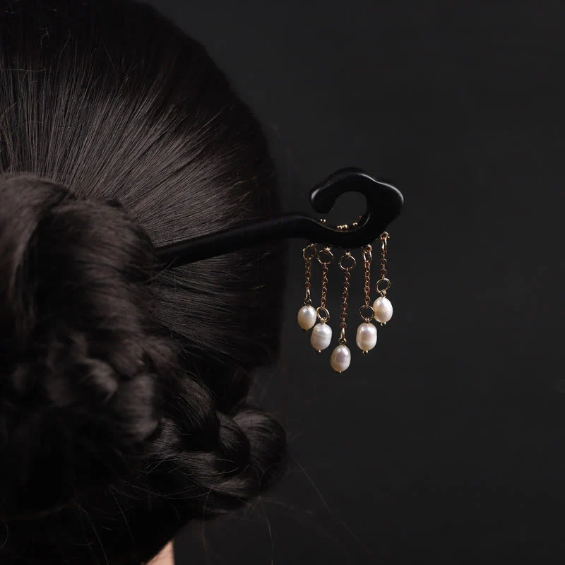 Buddha Stones Ebony Auspicious Cloud Pearl Tassel Protection Hairpin