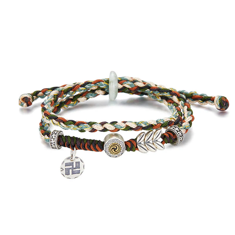 Buddha Stones 925 Sterling Silver Swastika Wheat Pattern Handmade Luck Bracelet