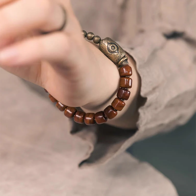 Buddha Stones Bone Beads Dzi Shape Copper Cone Pendant Strength Bracelet