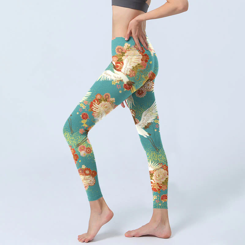 Buddha Stones Red-crowned Cranes Peony Flowers Butterfly Pattern Print Gym Leggings Women's Yoga Pants
