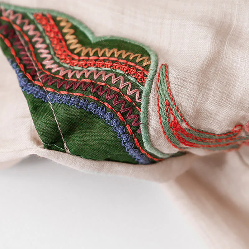 Buddha Stones Summer Embroidery Double Layer Cotton Linen Women's Wide Leg Pants With Pockets