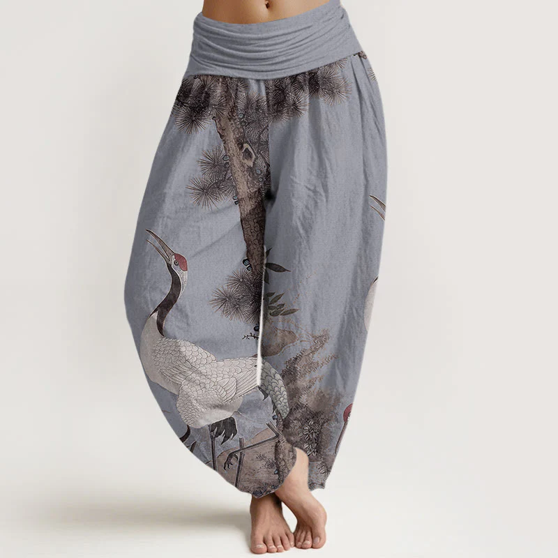 Buddha Stones Casual Red-crowned Crane Pine Tree Mountain Women's Elastic Waist Harem Pants