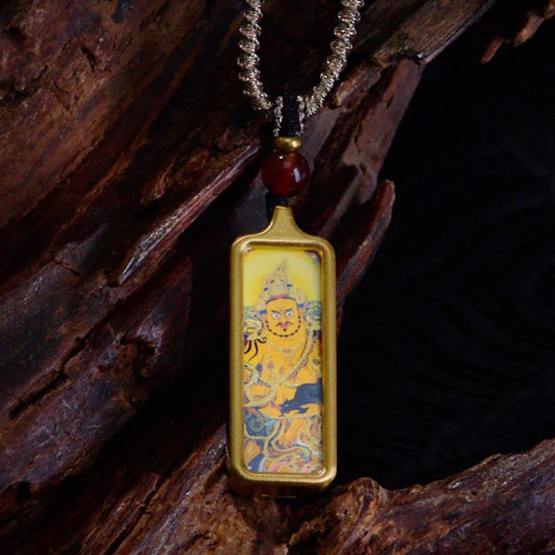 Buddha Stones Tibet Zakiram Yellow God of Wealth Nine Tailed Fox Hand-Painted Thangka Calm Necklace Pendant