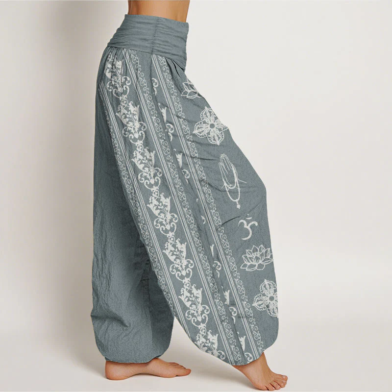Buddha Stones Pure Cotton Lotus Flowers Double Dorje Vajra Namaste Om Design Women's Elastic Waist Harem Pants