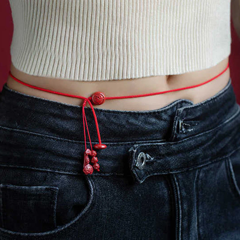Buddha Stones Natural Cinnabar Chinese Zodiac Ruyi Handle Fu Character Lotus Blessing Red String Belly Chain