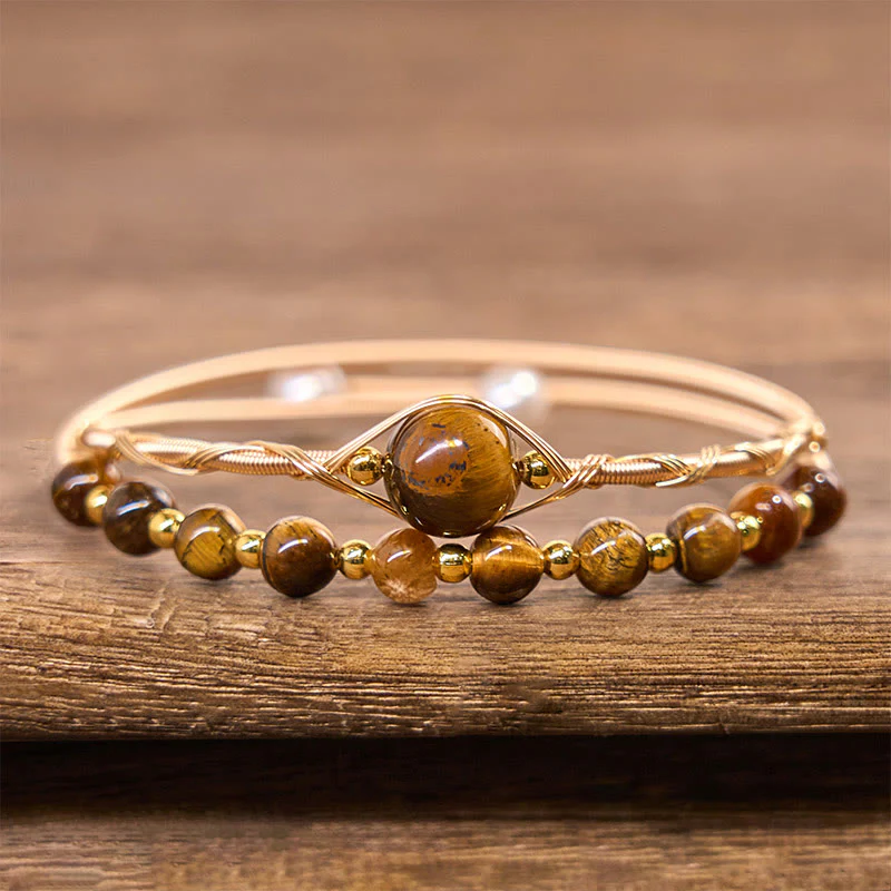 Buddha Stones 14K Gold Filled Copper Natural Tiger Eye Protection Metal Cuff Bracelet Bangle
