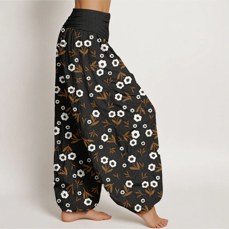 Buddha Stones Casual Simple Flowers Leaves Pattern Women's Elastic Waist Harem Pants