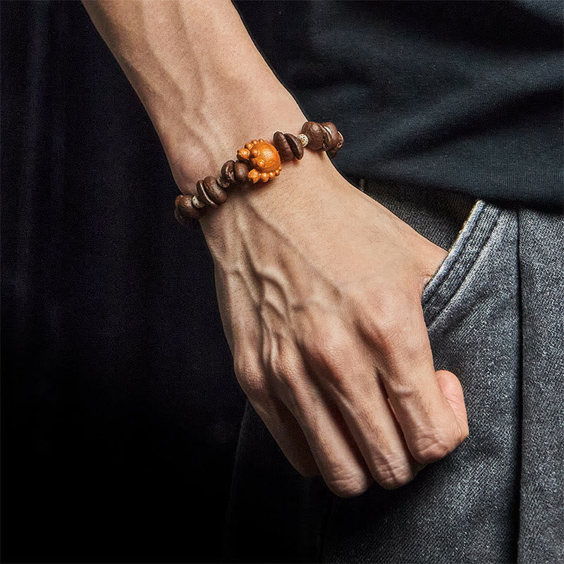 Buddha Stones Handmade Crab Copper Coins Coffee Beans Wenge Wood Bracelet