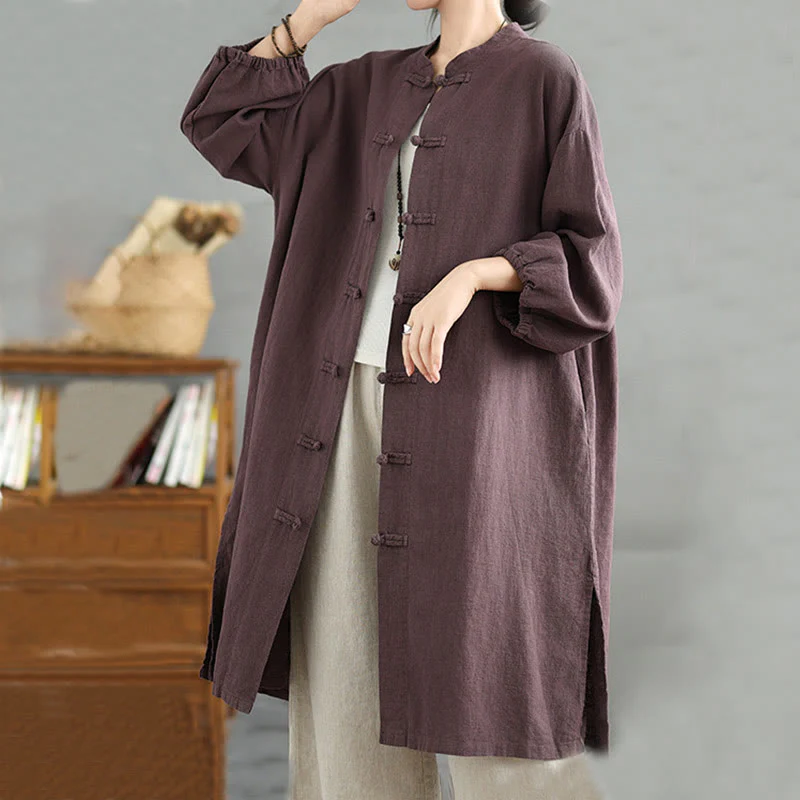 Buddha Stones Casual Frog-button Women's Cotton Linen Coat With Pockets