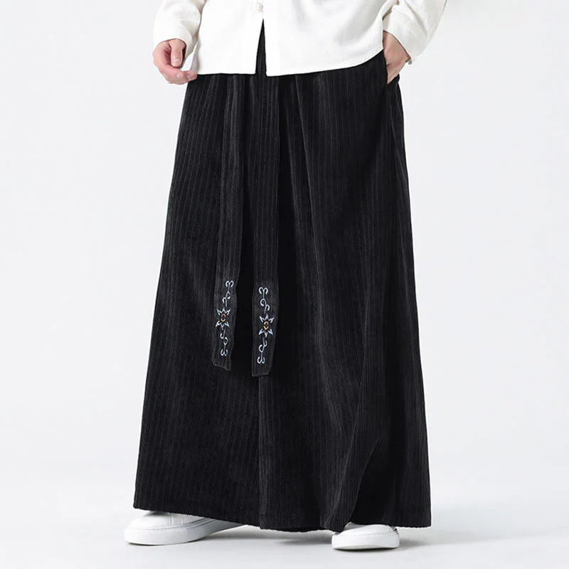 Buddha Stones Casual Embroidery Drawstring Design Men's Corduroy Wide Leg Pants With Pockets