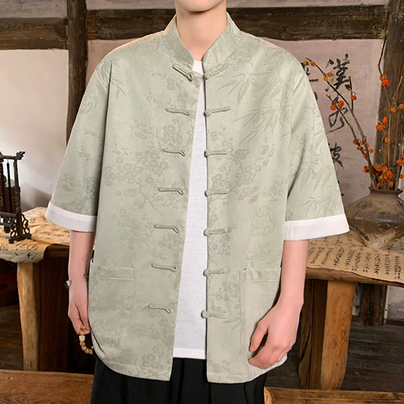 Buddha Stones Jacquard Bamboo Plum Bossom Pattern Chinese Frog-Button Design Men's Half Sleeve Cotton Shirt With Pockets