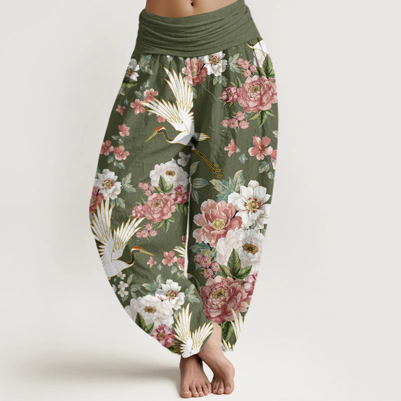 Buddha Stones Casual Cranes Blooming Peony Pattern Women's Elastic Waist Harem Pants