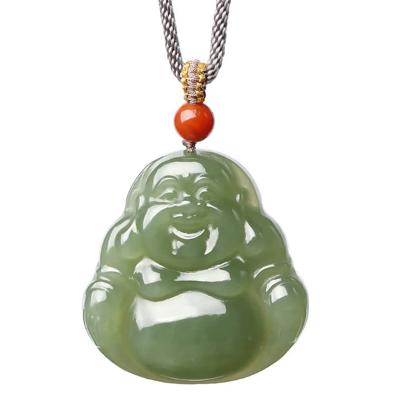 Buddha Stones Laughing Buddha Hetian Jade Abundance Necklace String Pendant