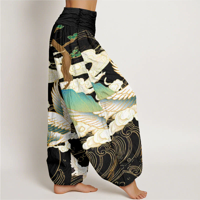 Buddha Stones Flying Cranes Auspicious Clouds Tree women's Elastic Waist Harem Pants