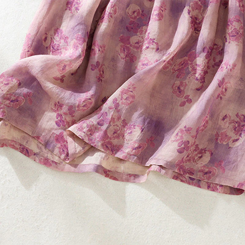 Buddha Stones Retro Printing Buttons Design Drawstring High Waist Cotton Midi Dress With Pockets