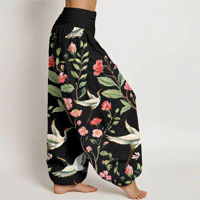 Buddha Stones Casual Red Flowers Crane Pattern Women's Elastic Waist Harem Pants