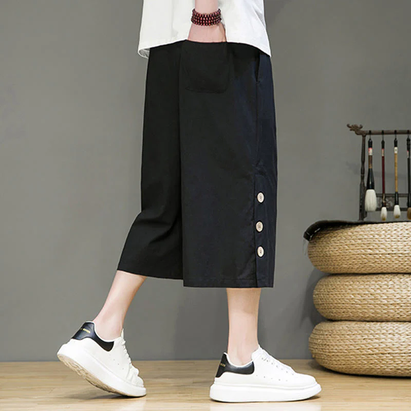 Buddha Stones Casual Plain Side Button Design Drawstring Men's Cotton Cropped Pants With Pockets