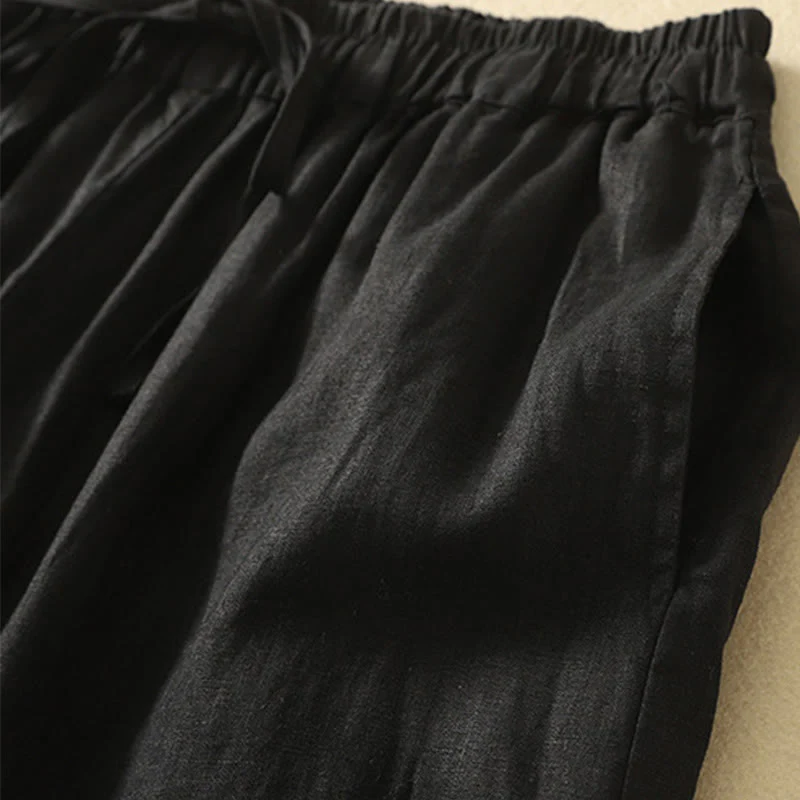 Buddha Stones Casual Retro Drawstring Embroidery Design Women's Cotton Linen 7-8 Length Pants With Pockets