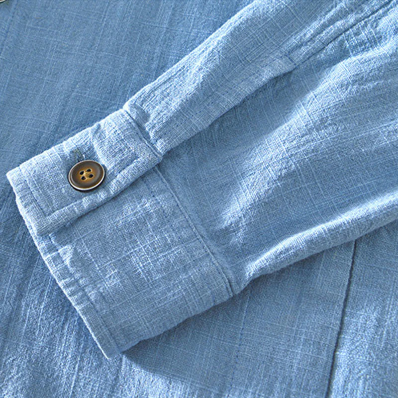 Buddha Stones Casual Plain Simple Buttons Design Men's Long Sleeve Ramie Linen Jacket With Pockets