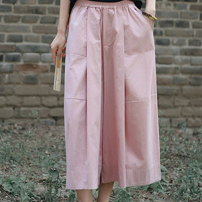 Buddha Stones Casual Plain Cotton High Waist Women's Wide Leg Capri Cropped Pants With Pockets