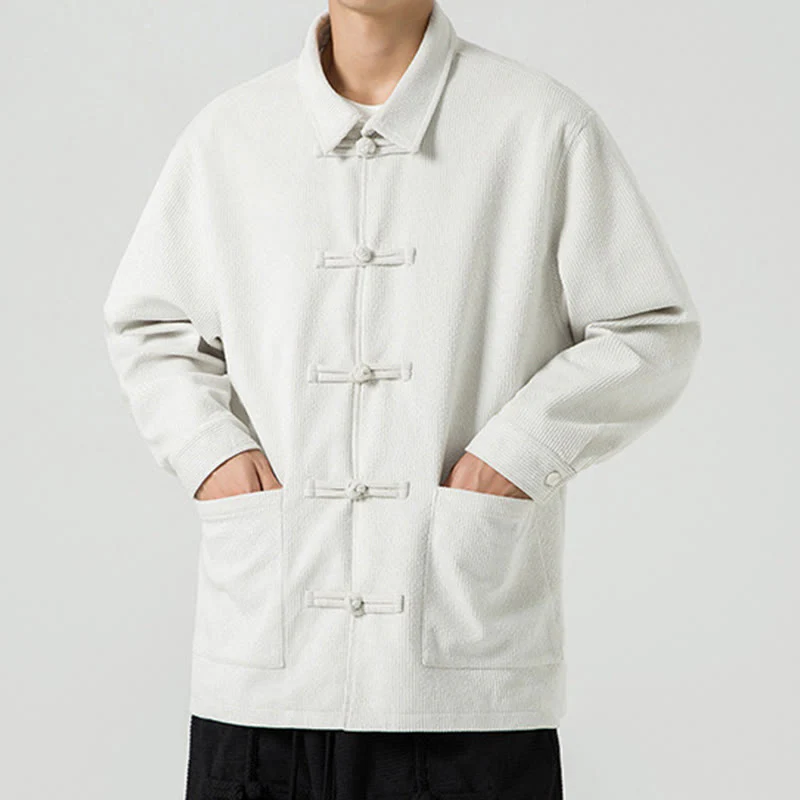 Buddha Stones Long Sleeve Frog-button Design Men's Polyester Jacket Shirt With Pockets