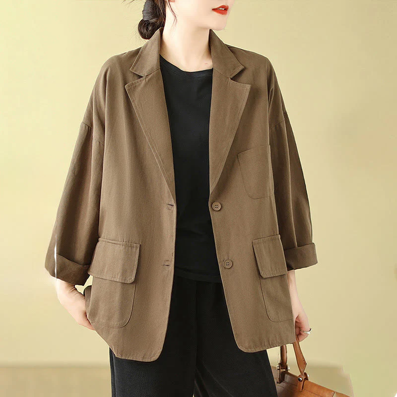 Buddha Stones Plain Women's Cotton Suit Jacket With Pockets