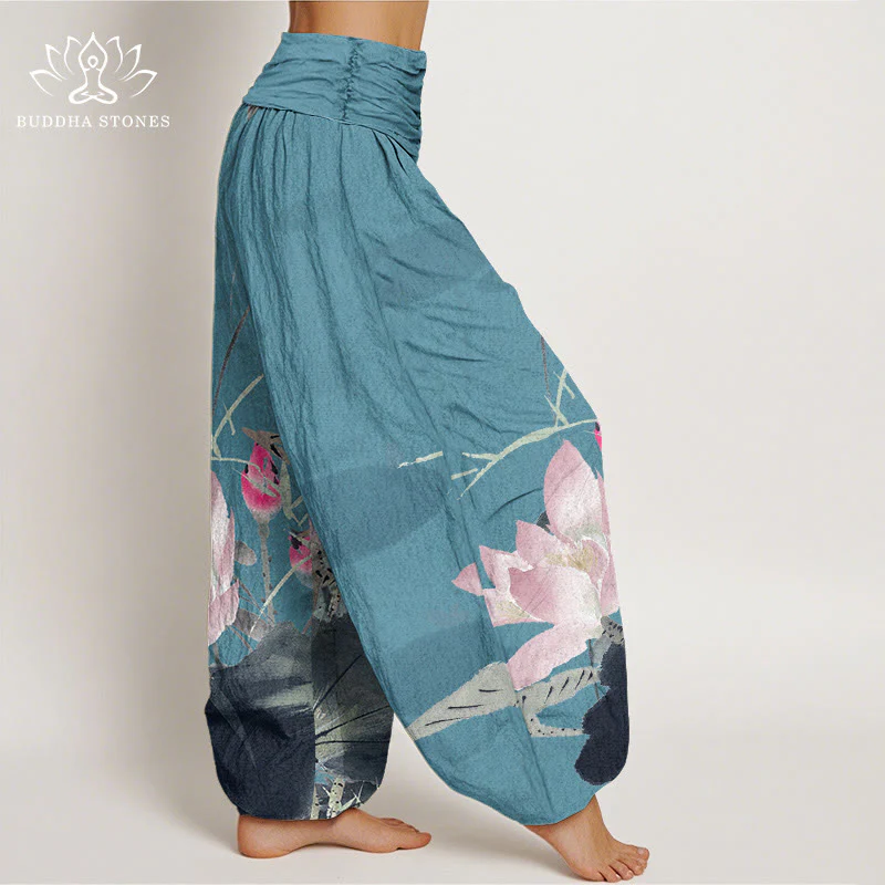 Buddha Stones Pink Lotus Leaves Bird Pattern Women's Elastic Waist Harem Pants