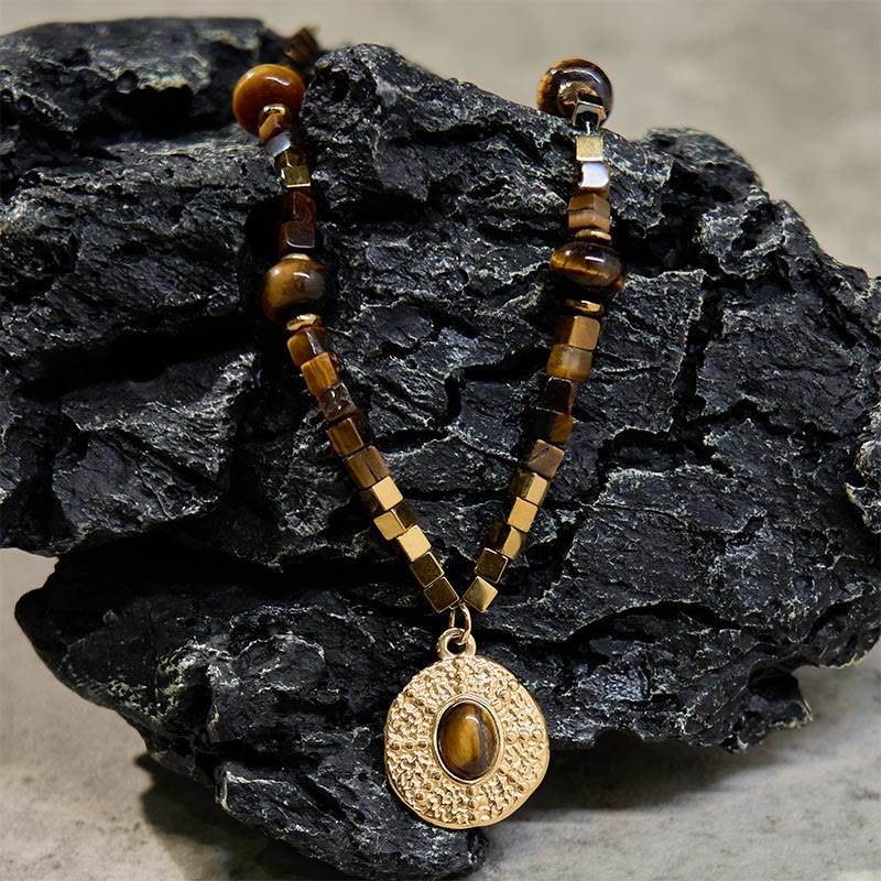 Buddha Stones Natural Tiger Eye Square Protection Titanium Steel Necklace Pendant