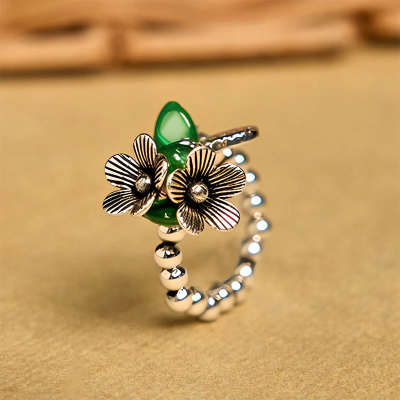 Buddha Stones Flower Pattern Copper Alloy Luck Elastic Rope Ring