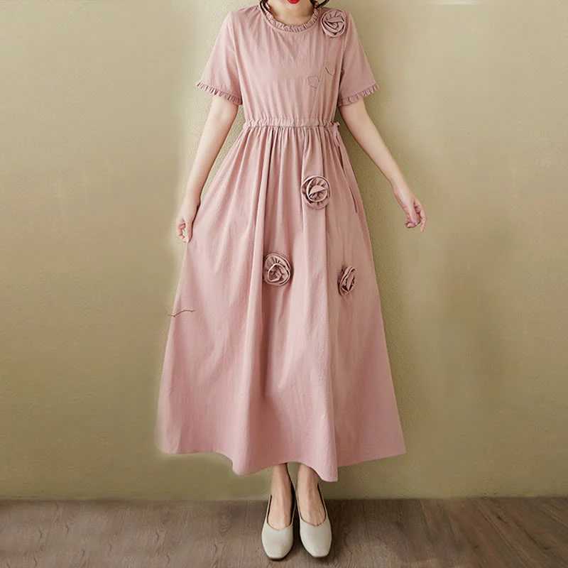Buddha Stones Three-Dimensional Flower Design Ruffled Neck Cotton Linen Midi Dress With Pockets