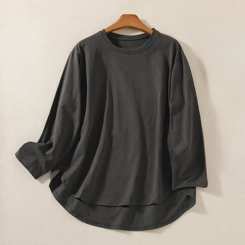 Buddha Stones Casual Pure Irregular Hem Cotton Linen Women's Long Sleeve T-shirt