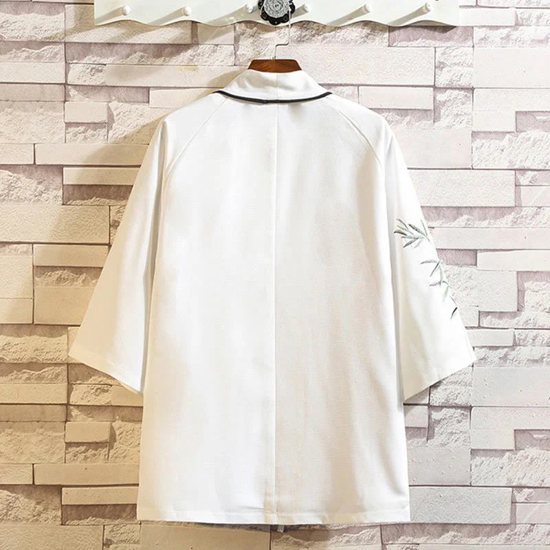 Buddha Stones Embroidery Dragon Phoenix Auspicious Cloud Waves Leaves Cranes Open Front Jacket Men's Kimono