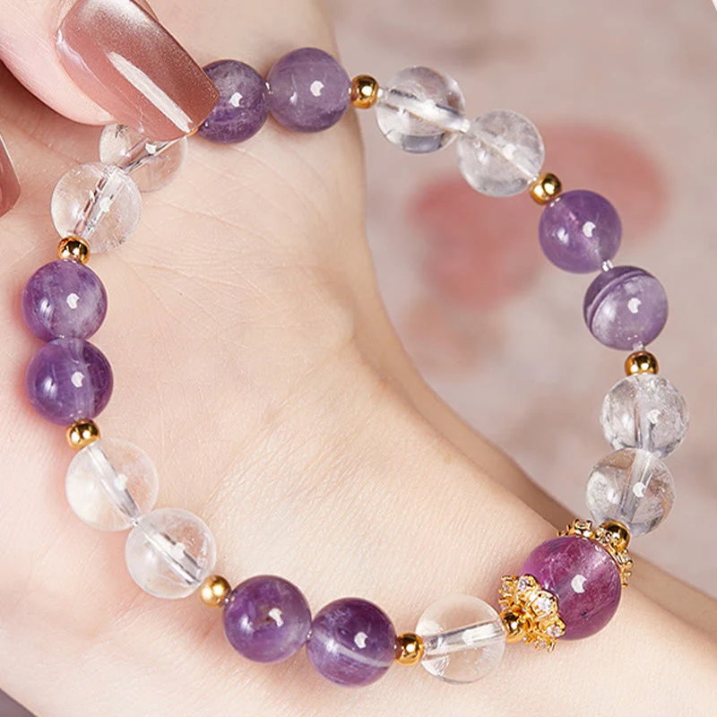 Buddha Stones 925 Sterling Silver Natural Amethyst White Crystal Balance Bracelet