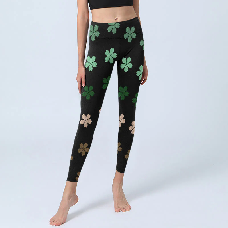 Buddha Stones Green Pink Five-petal Flowers Print Gym Leggings Women's Yoga Pants