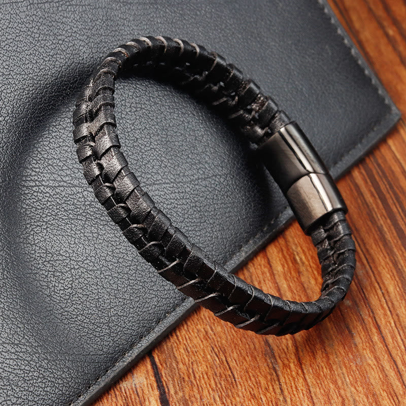 Buddha Stones Simple Braided Pattern Titanium Steel Strengthen Multi-layer Leather Buckle Bracelet