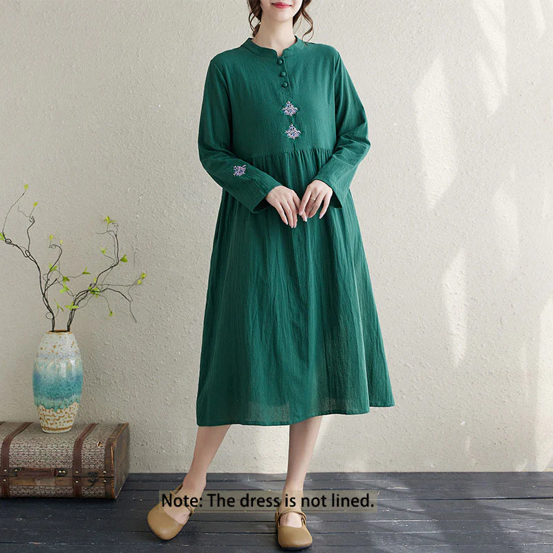 Buddha Stones Fall Ethnic Embroidery Cotton Linen Midi Dress With Pockets