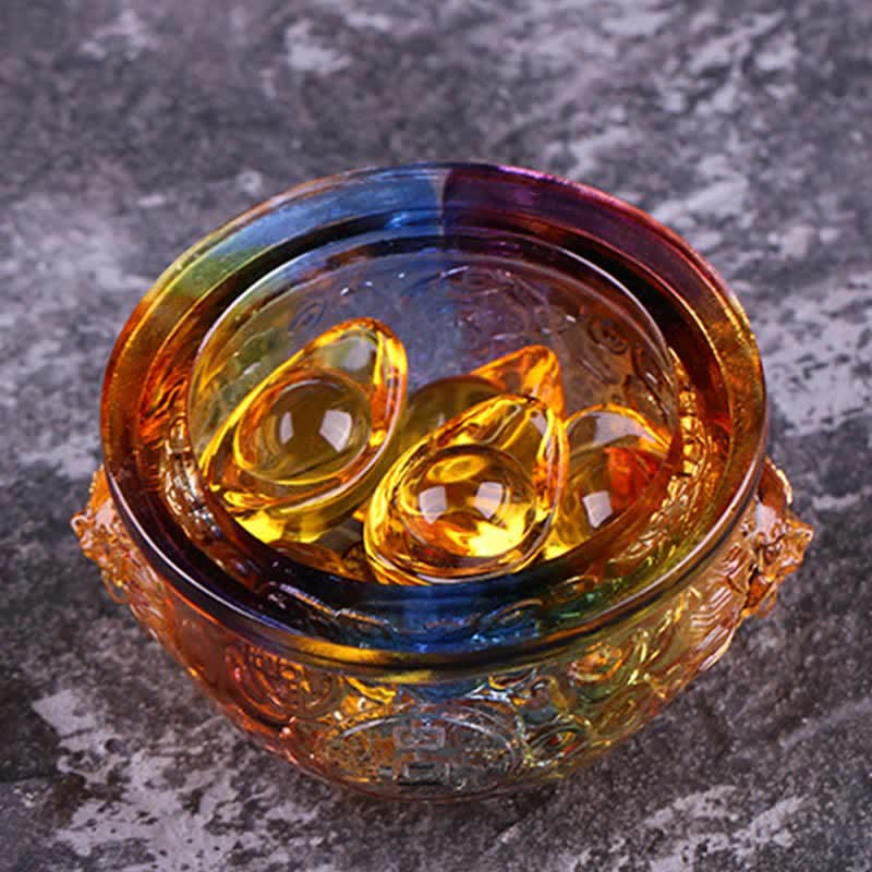 Buddha Stones Handmade Liuli Crystal Treasure Bowl Art Piece Home Decoration