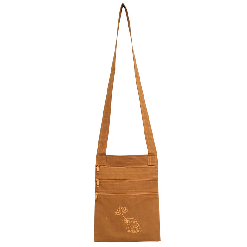 Buddha Stones Spiritual Mind Practice Lotus Embroidered Cotton Shoulder Bag Crossbody Bag